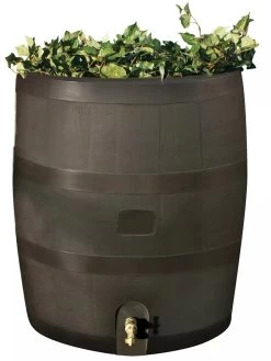 Round Rain Barrel With Planter, 35 Gallons -The Garden Shed Store 8612856WALNT 01V tif